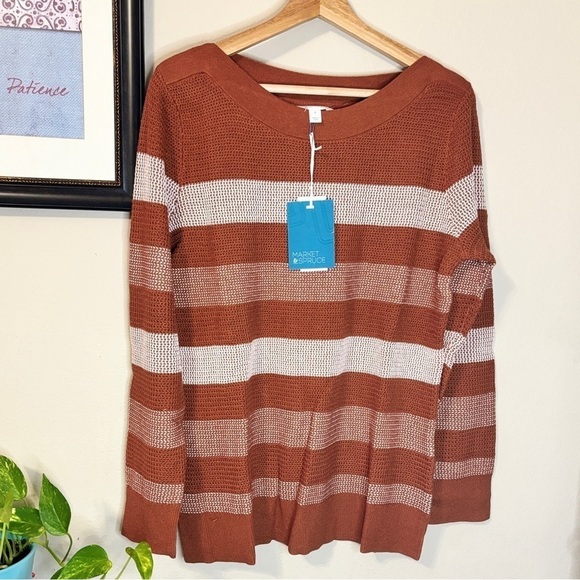 Market & Spruce Tawnee Cotton Blend Rust & White Stripe Waffle Sweater - Picture 1 of 7